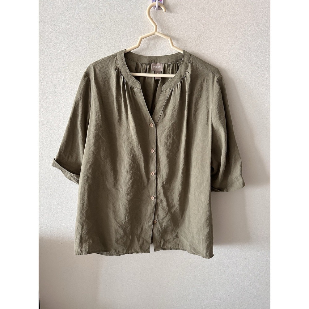 Chico's Women Shirt Olive Green Button Up Short Sleeve Size 4 (2XL) Modal Blend
